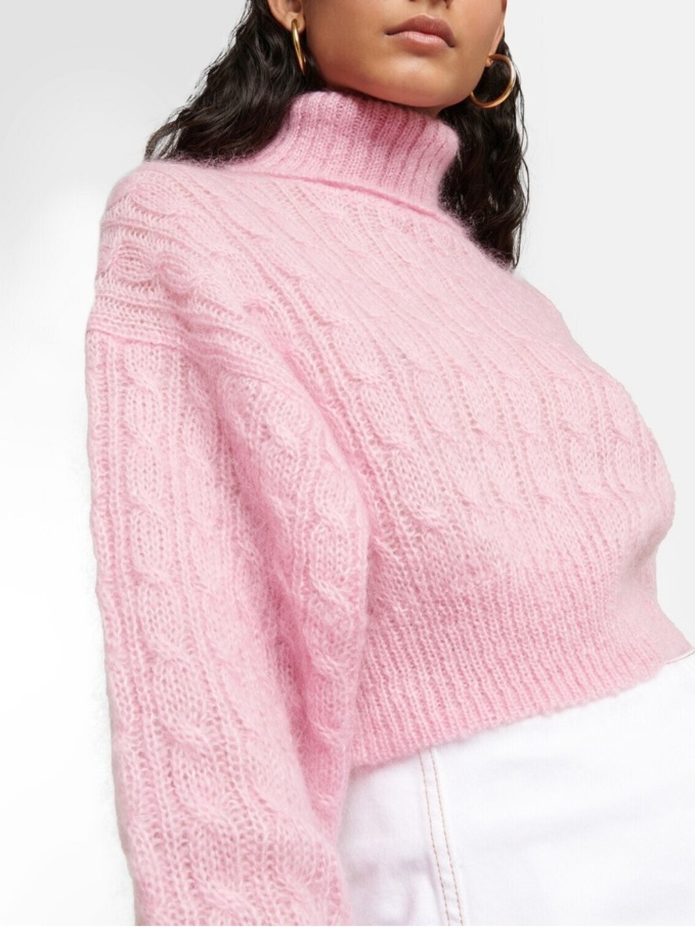 Ganni Pink Cable Knit Cropped Turtleneck Sweater